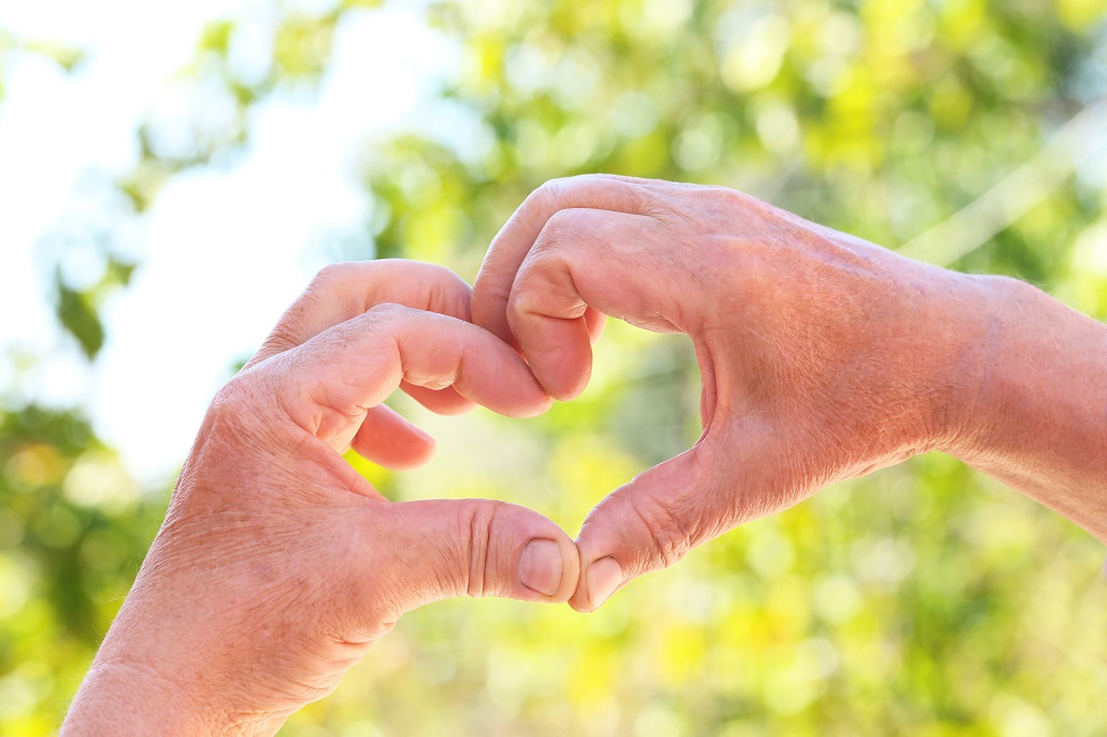 Hands of old senior showing heart